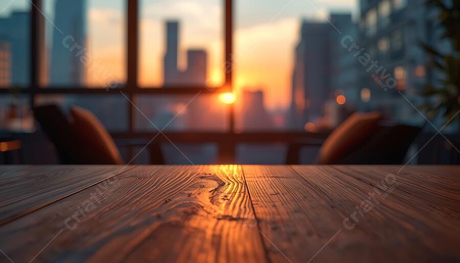 Foto Mesa de Madeira Vazia Pôr do Sol Janela Cidade