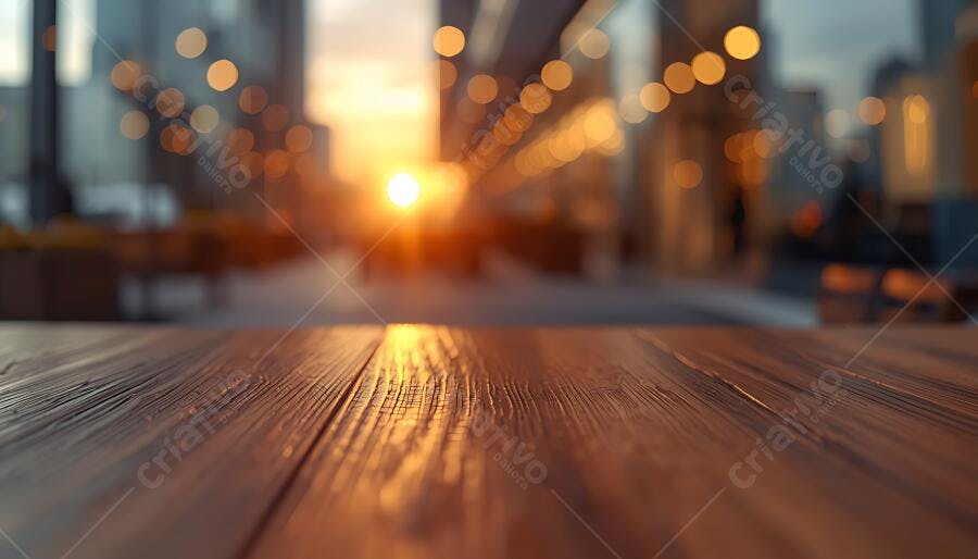 Foto Mesa de Madeira Vazia com Pôr do Sol Fundo Desfocado