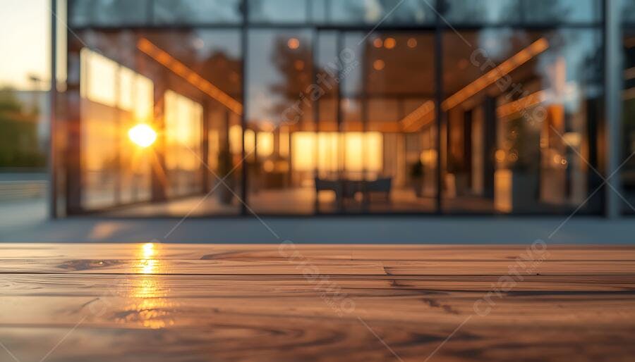Foto Mesa de Madeira Vazia com Edifício Moderno ao Pôr do Sol