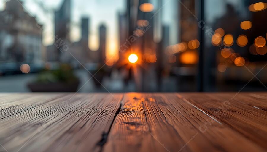 Foto Mesa de Madeira Vazia Fundo Desfocado Cidade Pôr do Sol