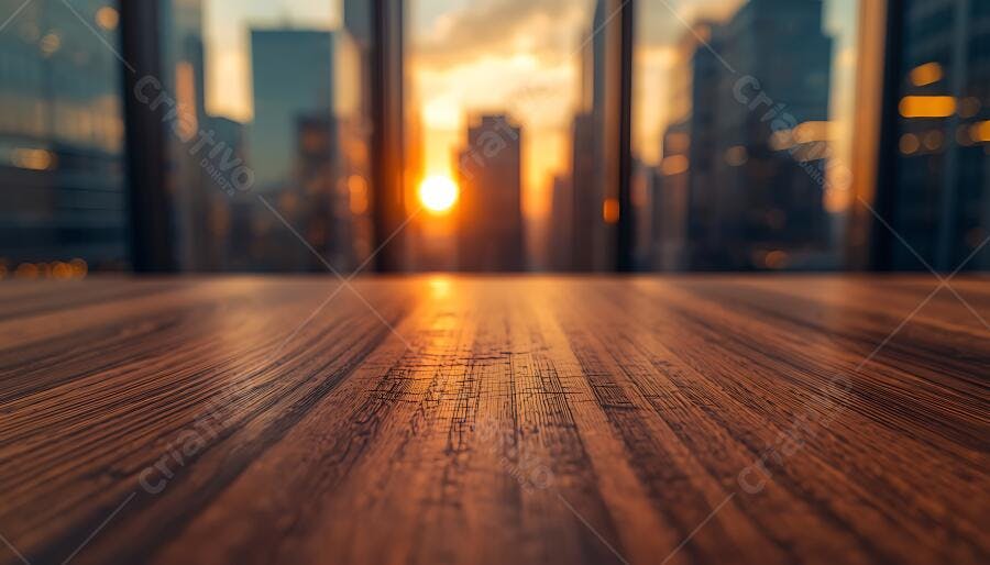 Foto Mesa de Madeira Vazia Pôr do Sol Janela Escritório Urbano
