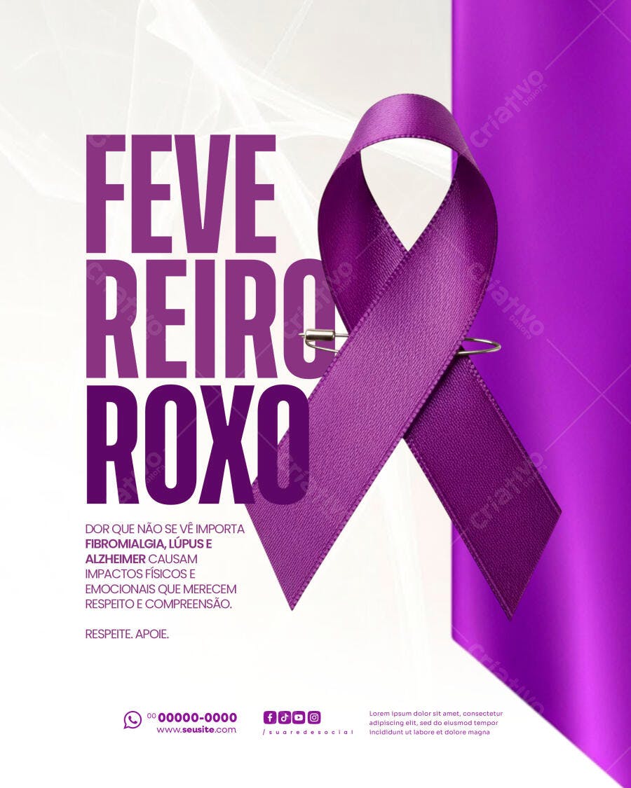Flyer Fevereiro Roxo Conscientização Saúde PSD Editável