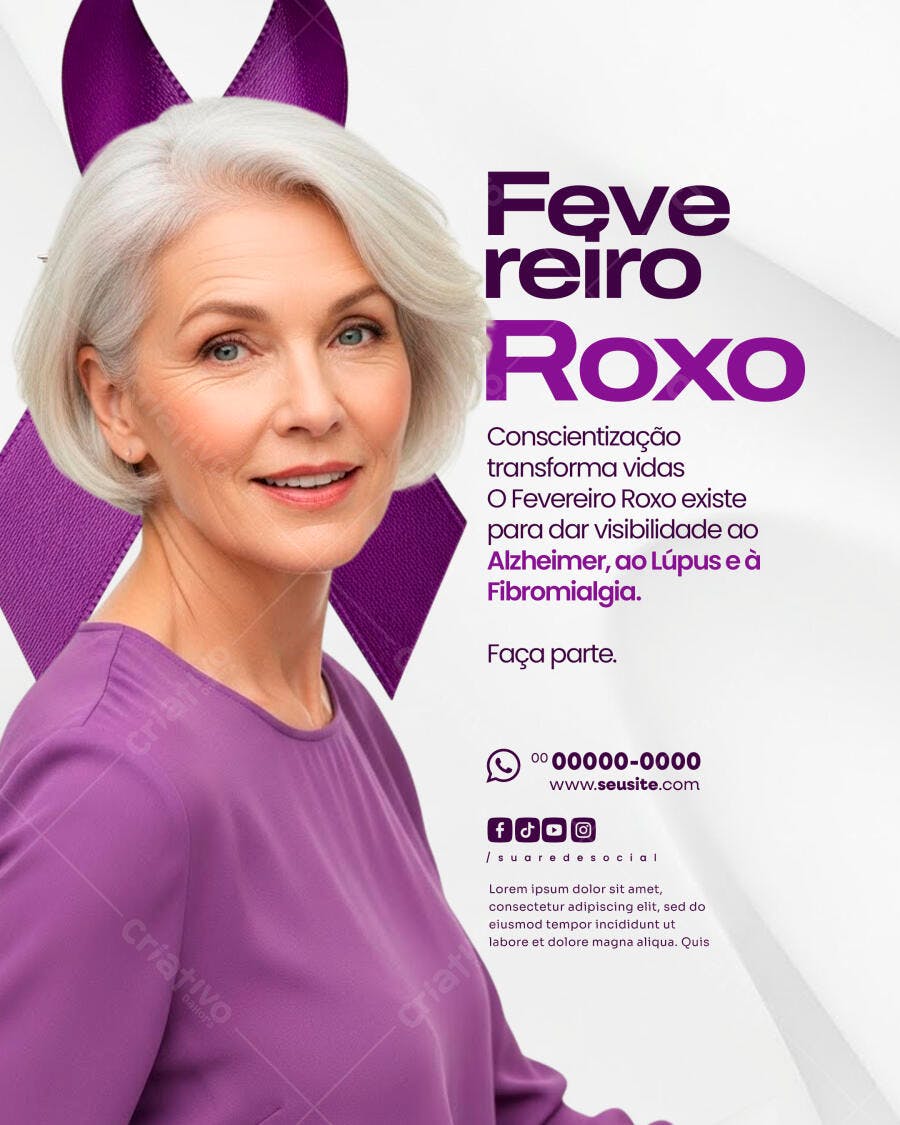 Flyer Fevereiro Roxo Conscientização Saúde PSD Editável
