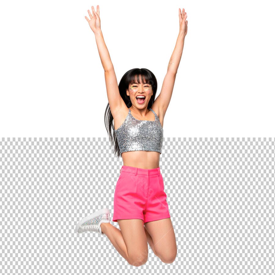 Foto Recortada Mulher Jovem Animada Pulando PNG Fundo Transparente
