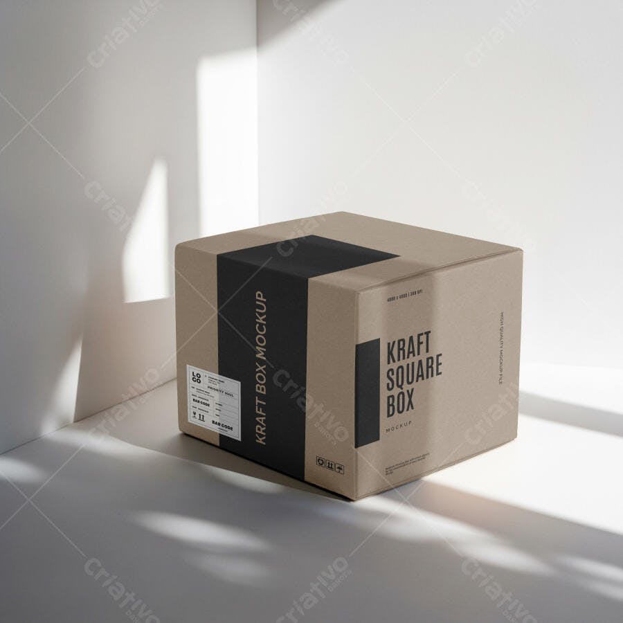 Mockup Caixa Quadrada Kraft Fundo Branco Editável