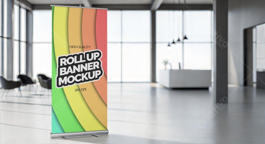 Mockup Roll Up Banner Vertical Escritório Moderno Editável