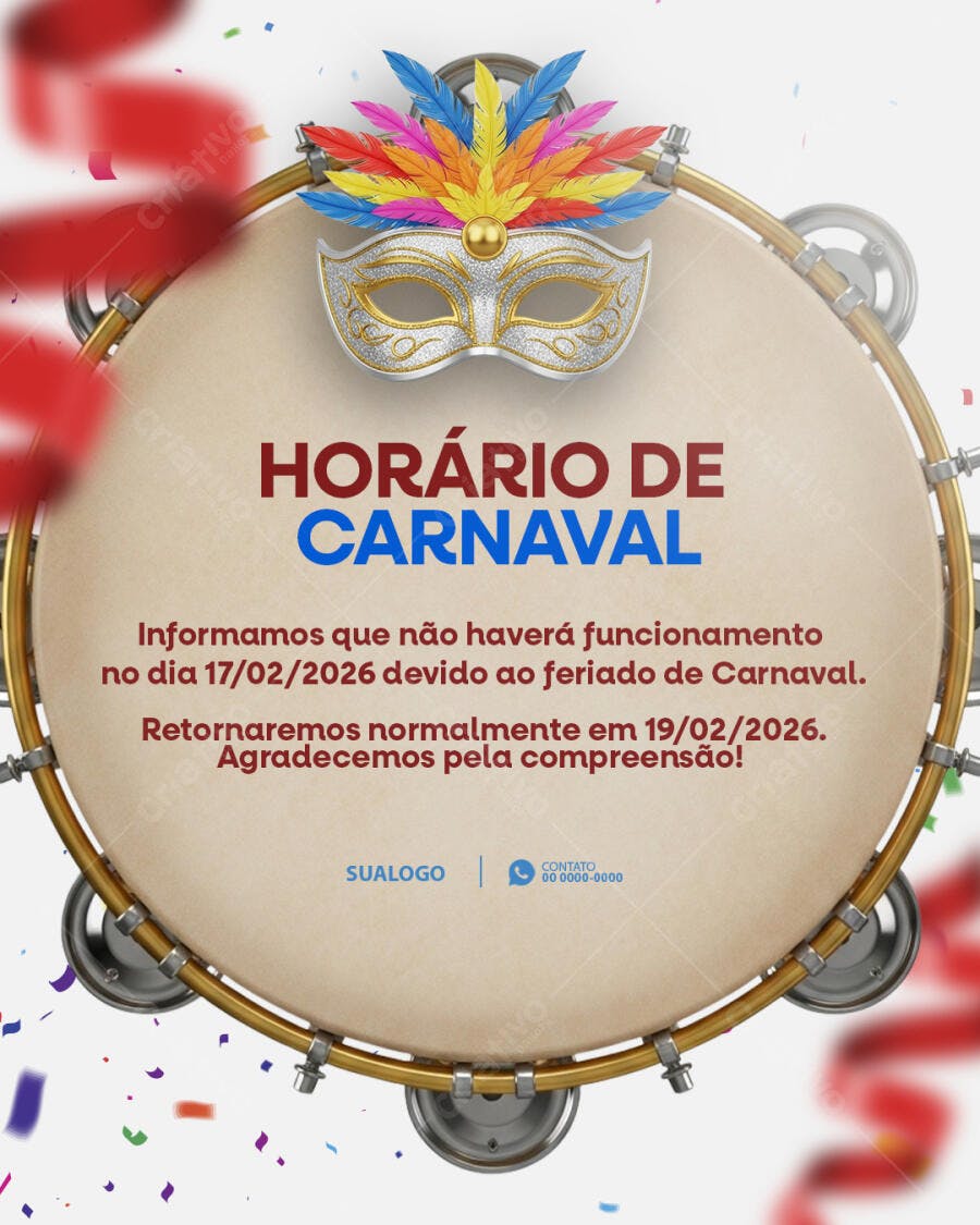 Post Instagram Carnaval Horário de Funcionamento PSD Editável
