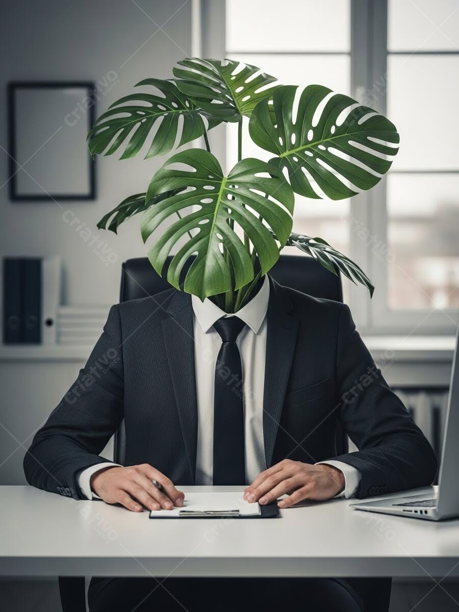 Foto Homem com Planta Monstera Cabeça Escritório Trabalhando