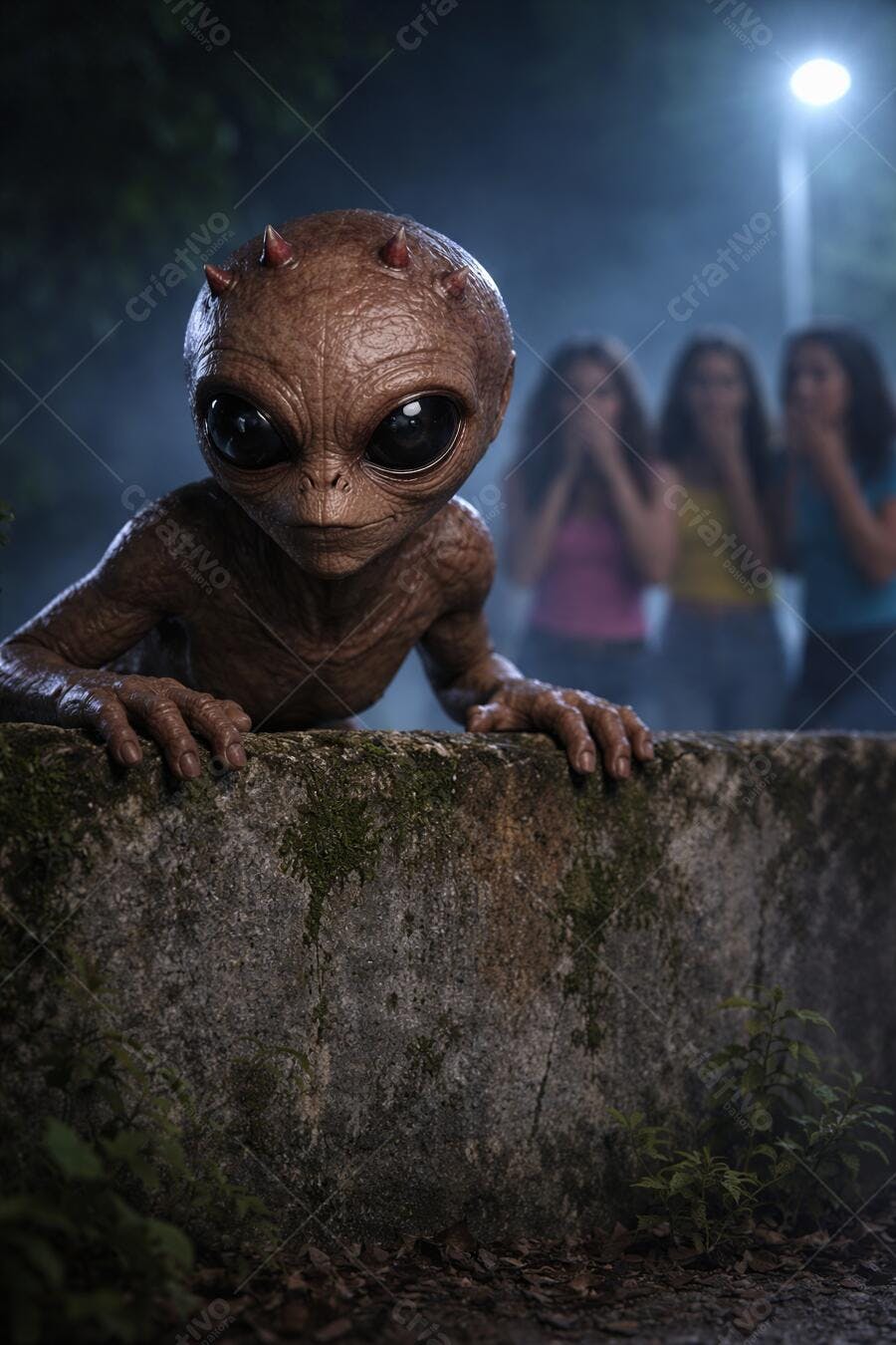 Foto Alienígena Pequeno Olhando Curioso com Pessoas Assustadas