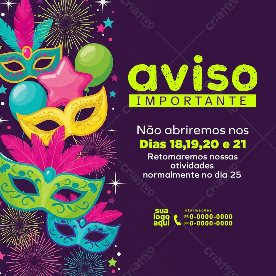 Post Instagram Aviso Feriado Carnaval PSD Editável