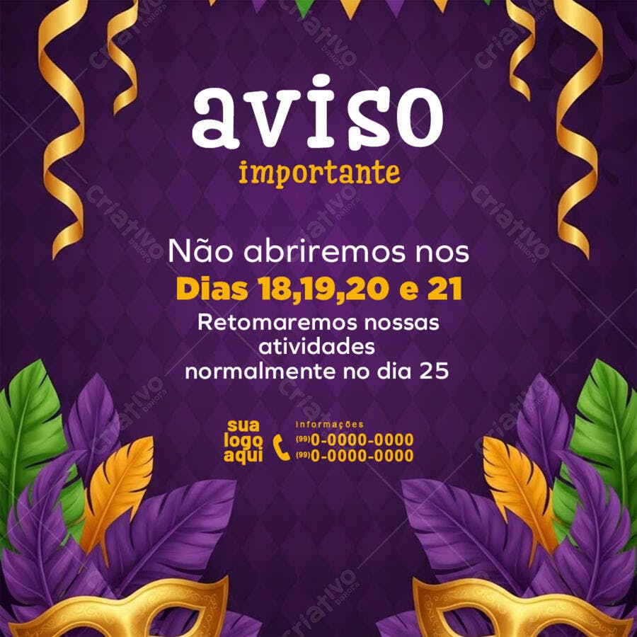 Post Instagram Aviso Carnaval Fechamento PSD Editável