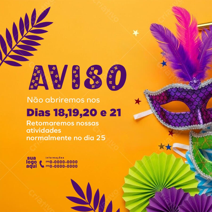Aviso Carnaval Fevereiro Post Instagram PSD Editável