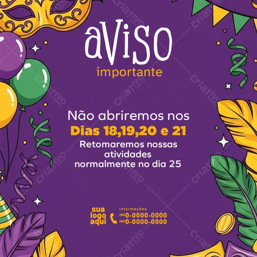 Post Instagram Aviso Carnaval Fechado PSD Editável