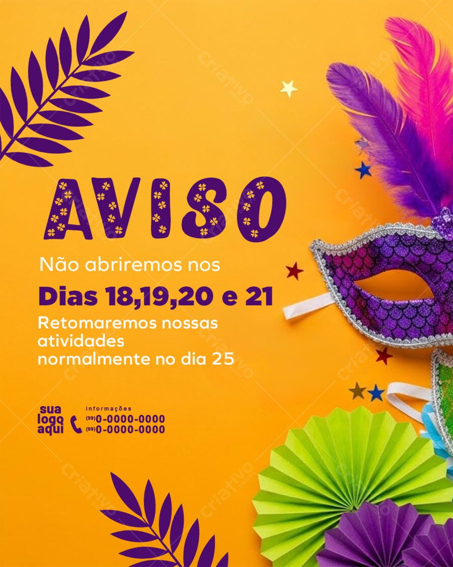 Post Instagram Aviso Carnaval Fevereiro PSD Editável