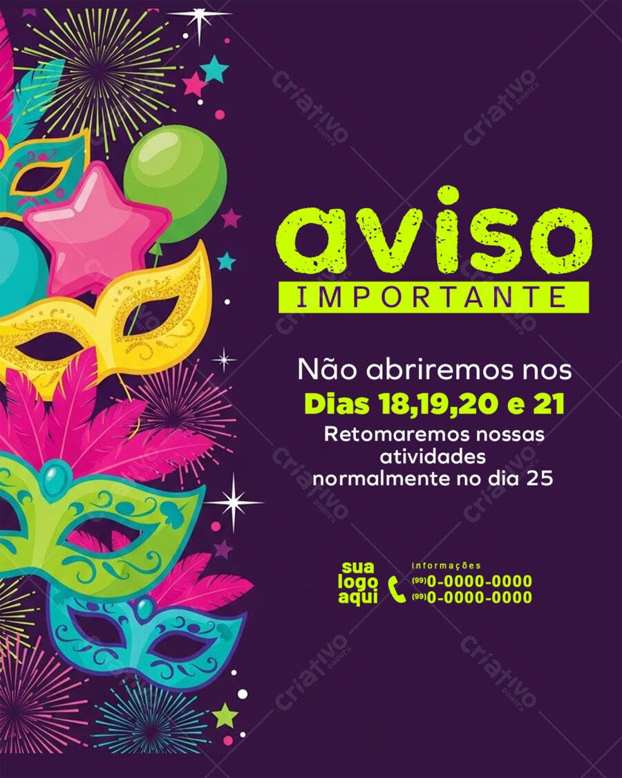 Post Instagram Aviso Carnaval Fevereiro PSD Editável