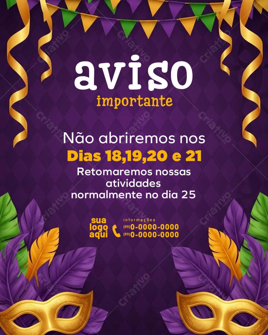 Post Instagram Aviso Carnaval Fevereiro PSD Editável