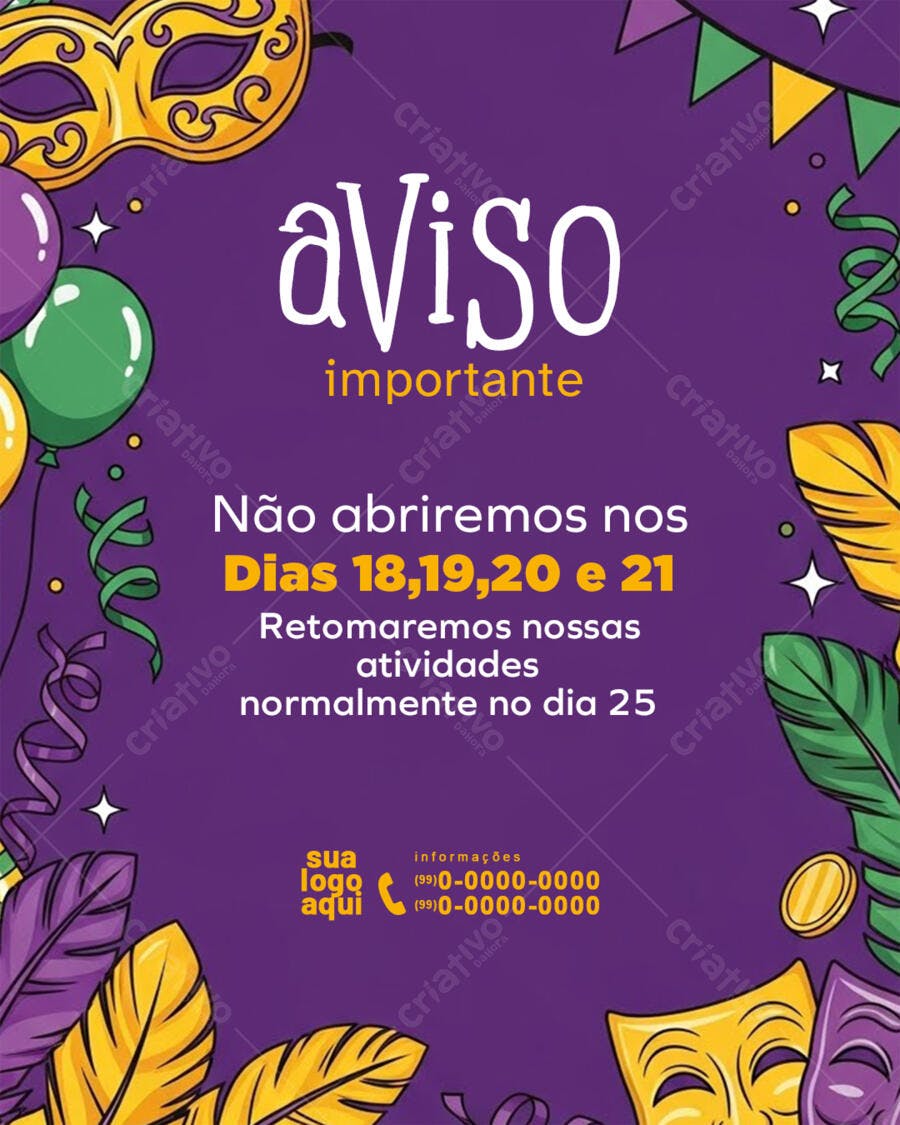 Post Instagram Aviso Carnaval Feriado PSD Editável