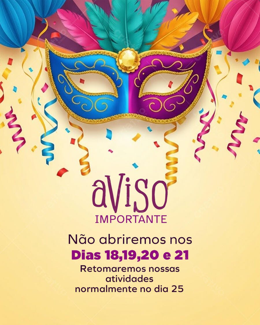 Post Instagram Carnaval Aviso Feriado PSD Editável