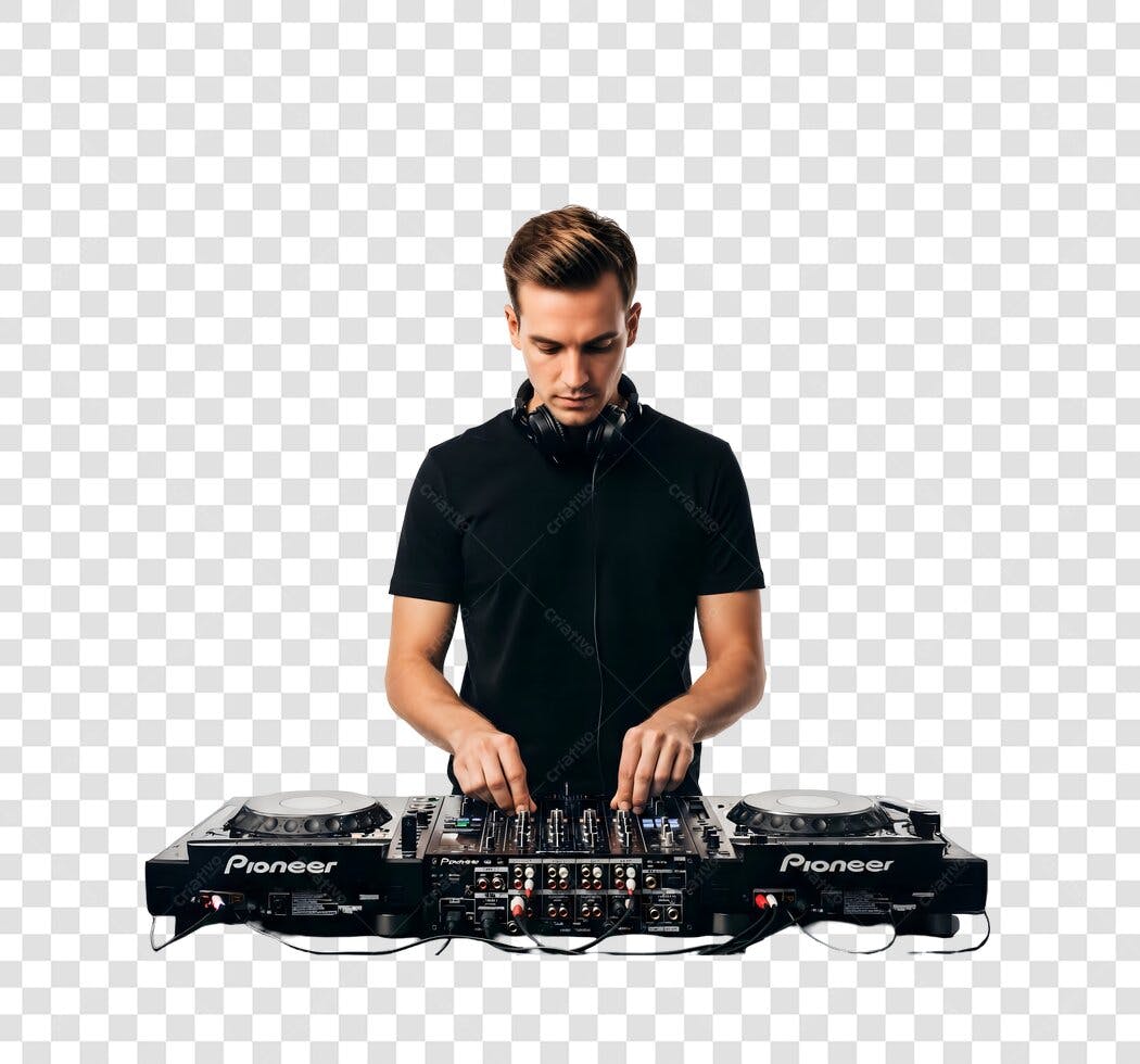Foto Recortada DJ Homem Tocando Mesa de Som PNG Fundo Transparente