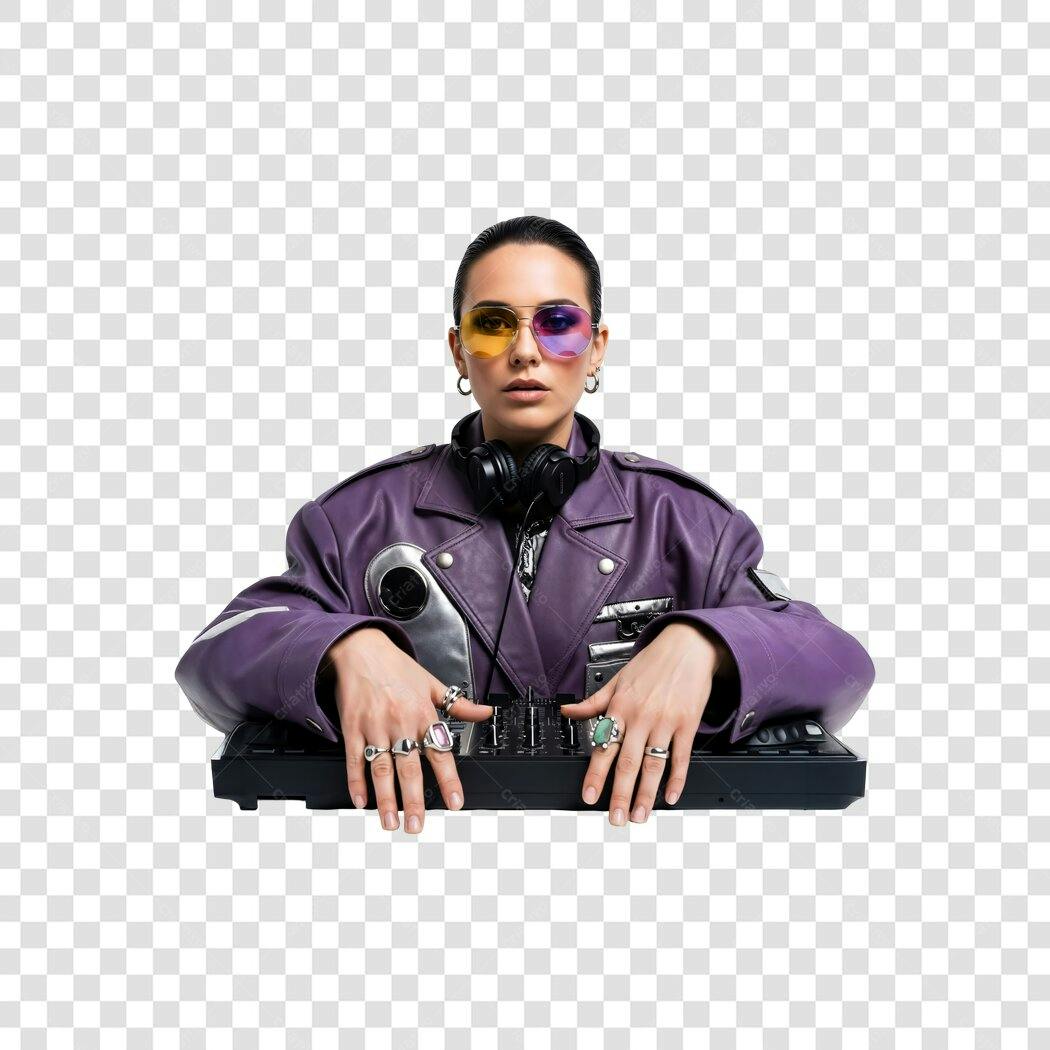 Foto Recortada Mulher DJ Óculos Coloridos PNG Fundo Transparente