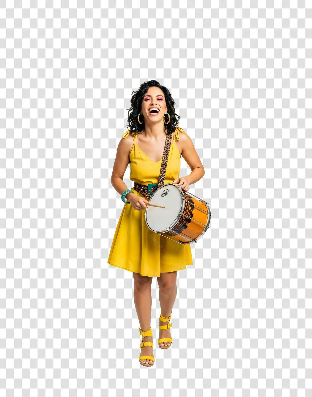 Foto Recortada Mulher Tocando Tambor Amarelo PNG Fundo Transparente