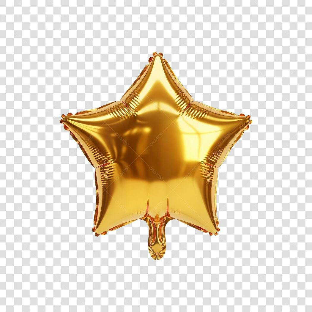 Elemento 3D Balão Estrela Dourada Metalizado PNG Fundo Transparente