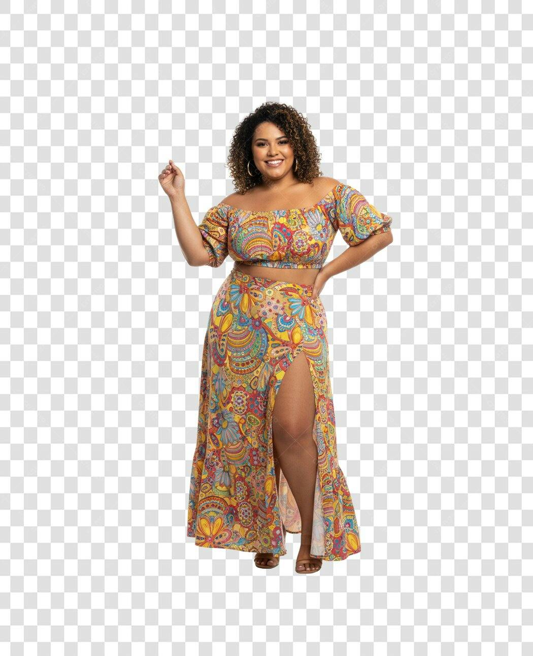 Foto Recortada Mulher Plus Size Vestido Estampado PNG Fundo Transparente