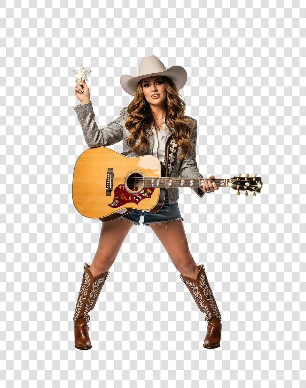 Foto Recortada Mulher Country Guitarra Chapéu PNG Fundo Transparente