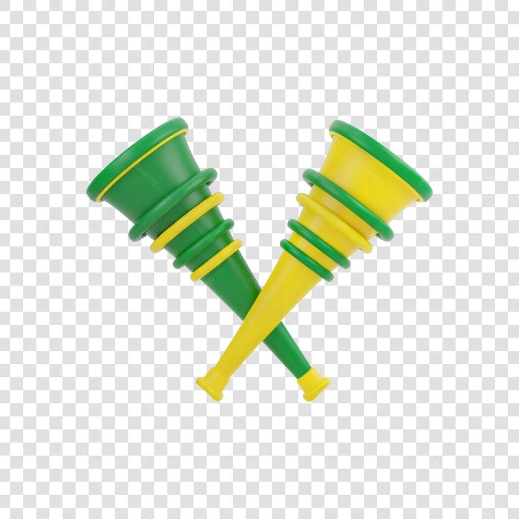 Elemento 3D Vuvuzela Brasil Verde Amarelo PNG Fundo Transparente