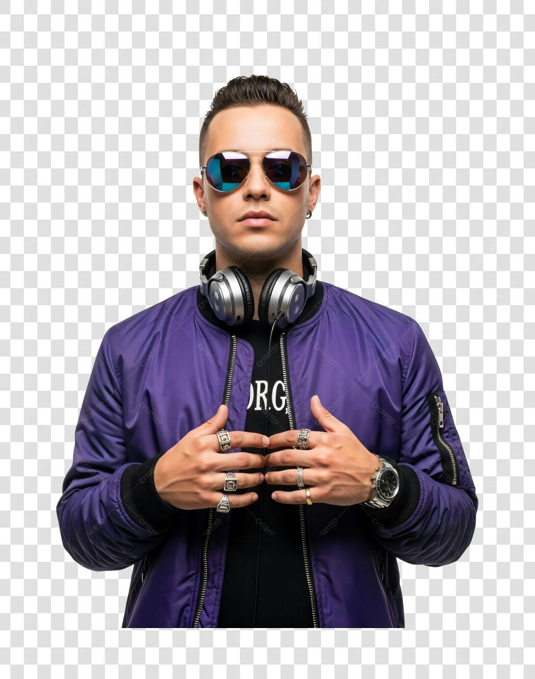 Foto Recortada Homem DJ Óculos Fones Roxo PNG Fundo Transparente
