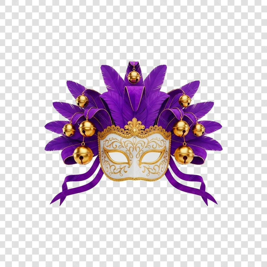 Elemento 3D Máscara Carnaval Fevereiro Roxa Dourada PNG Fundo Transparente