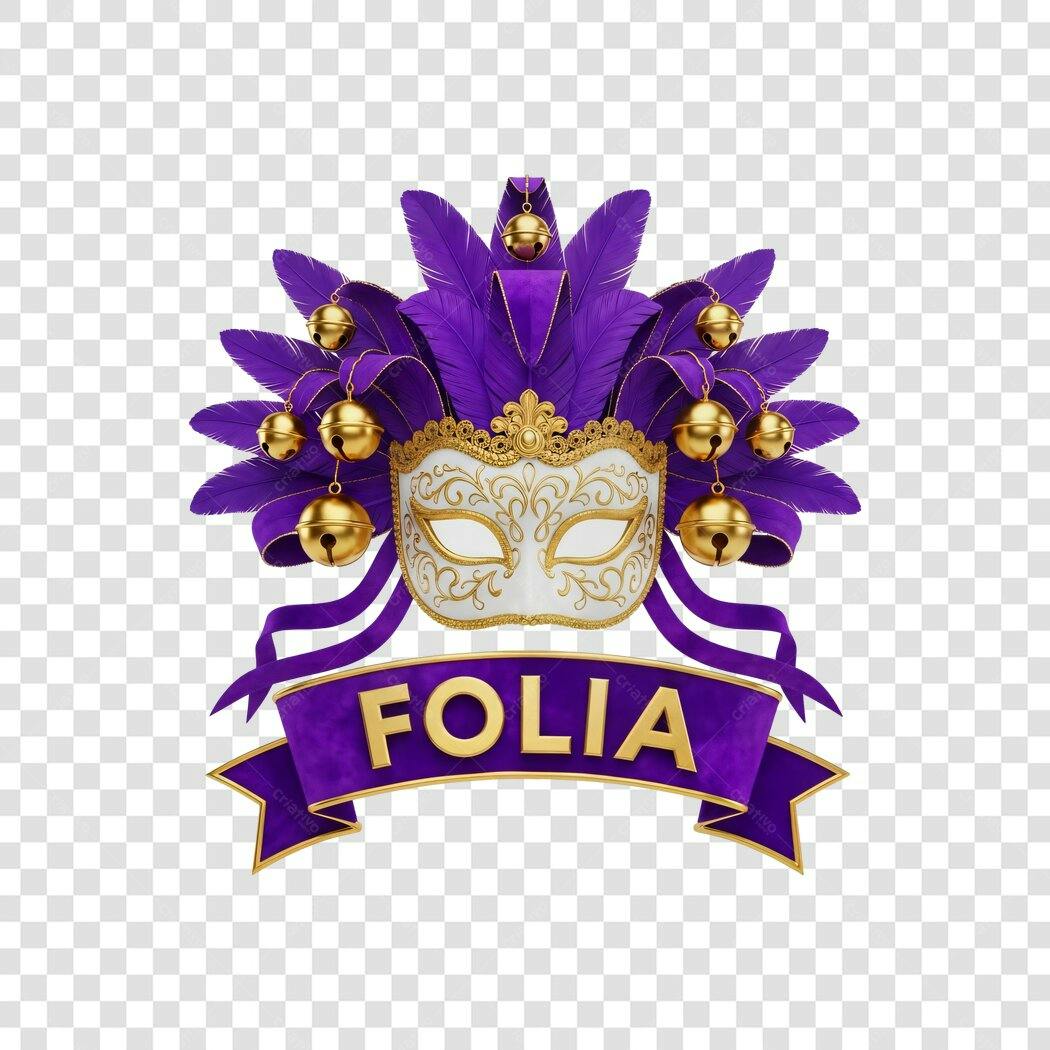 Elemento 3D Máscara Carnaval Folia Roxo Dourado PNG Fundo Transparente