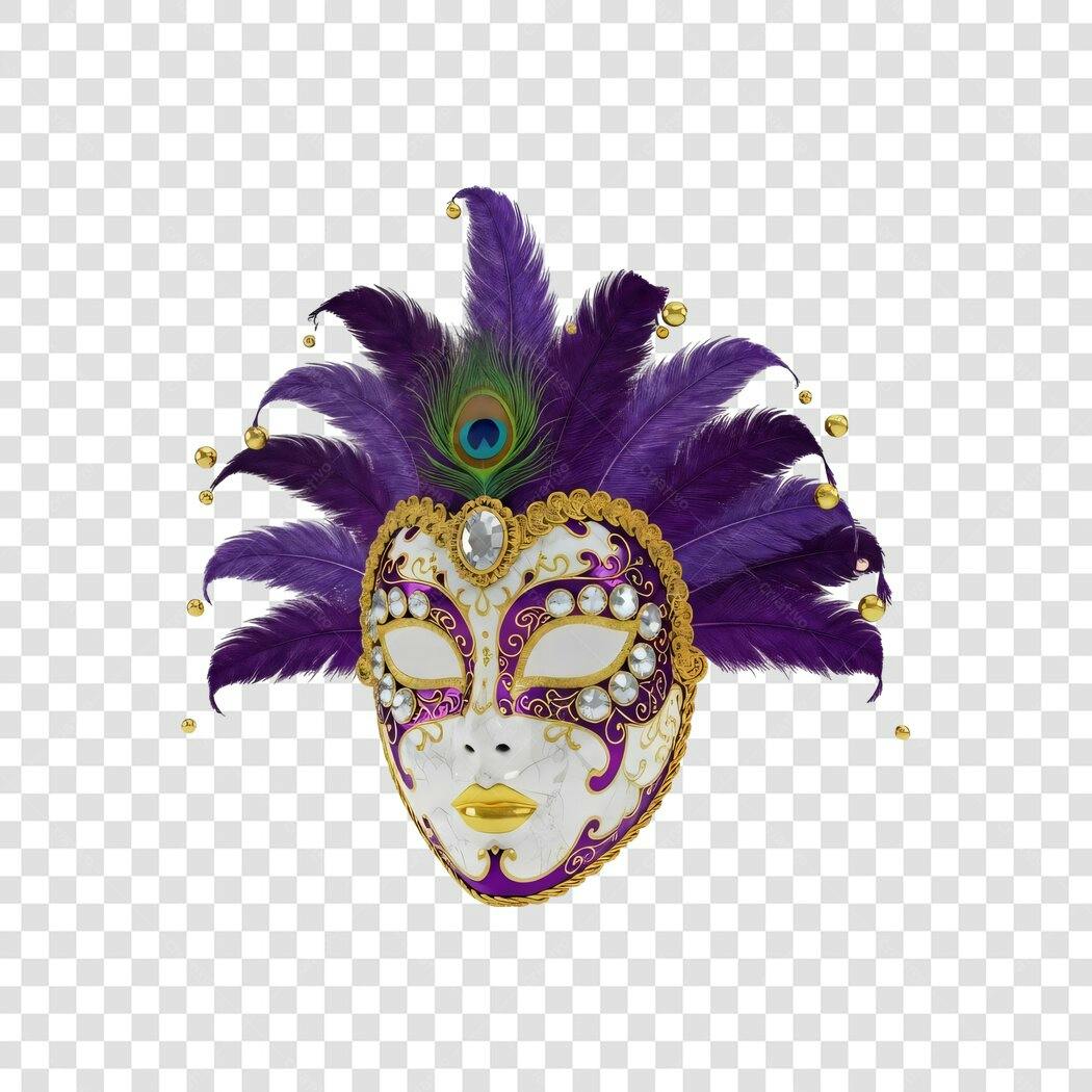 Máscara Carnaval Fevereiro Plumas Roxas PNG Fundo Transparente