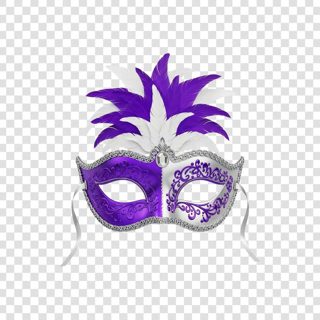 Máscara Carnaval Roxo Prata Penas PNG Fundo Transparente