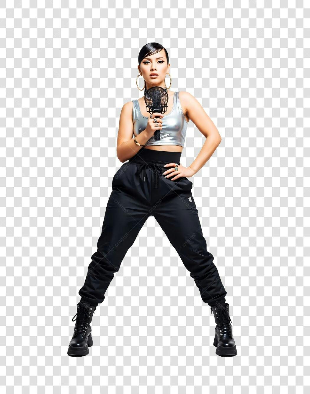 Foto Recortada Cantora Microfone Roupa Urbana PNG Fundo Transparente
