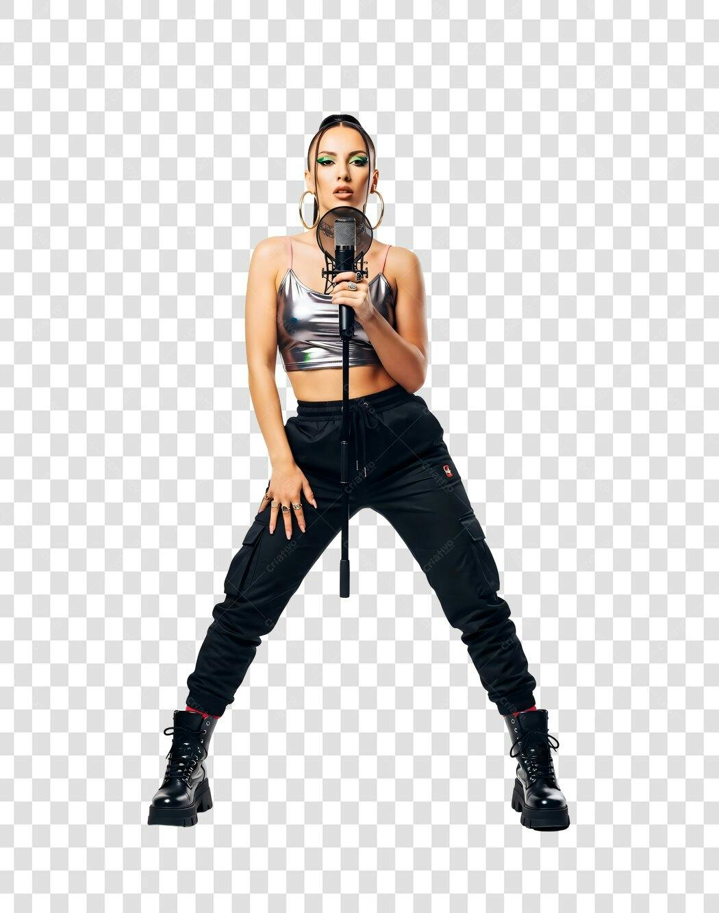 Foto Recortada Cantora Mulher Microfone Performance PNG Fundo Transparente