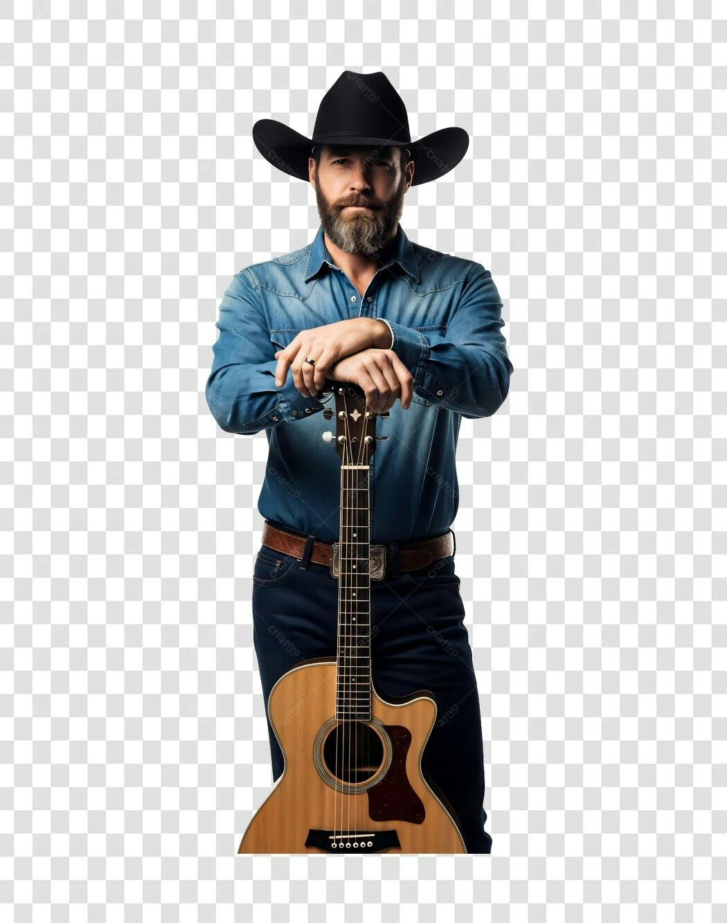 Foto Recortada Homem Barba Chapéu Cowboy Violão PNG Fundo Transparente