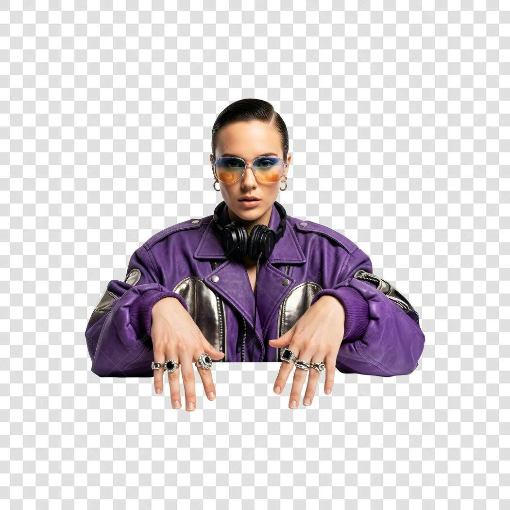 Foto Recortada Mulher Jaqueta Roxa Óculos Fones PNG Fundo Transparente