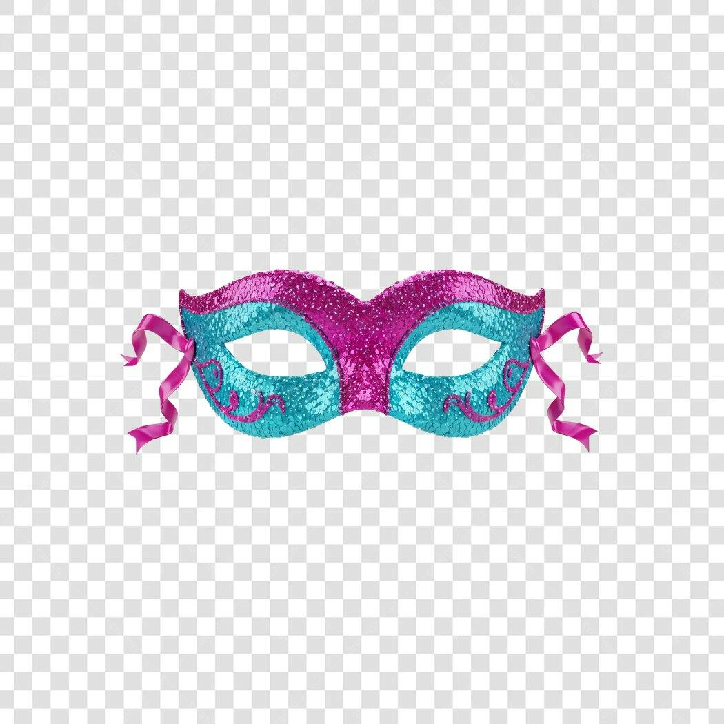 Máscara Carnaval Fevereiro Glitter Azul Rosa PNG Fundo Transparente