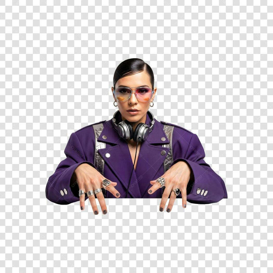 Foto Recortada Mulher DJ Óculos Roxo PNG Fundo Transparente