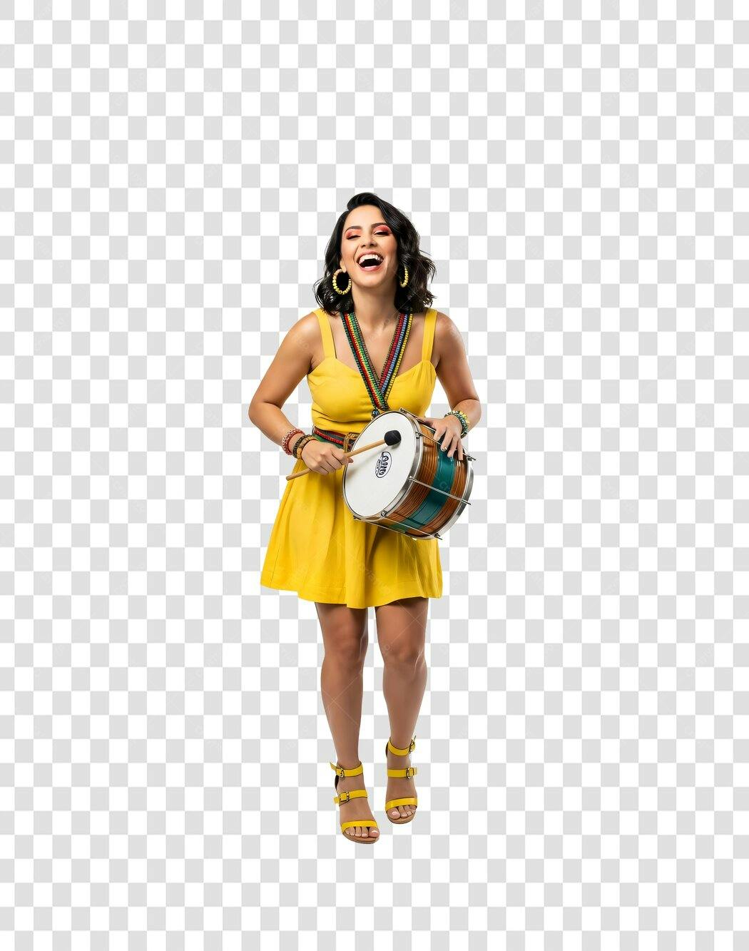 Foto Recortada Mulher Brasileira Tocando Tamborim PNG Fundo Transparente