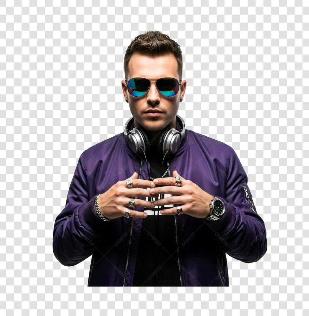 Foto Recortada Homem DJ Óculos Fones Roxo PNG Fundo Transparente
