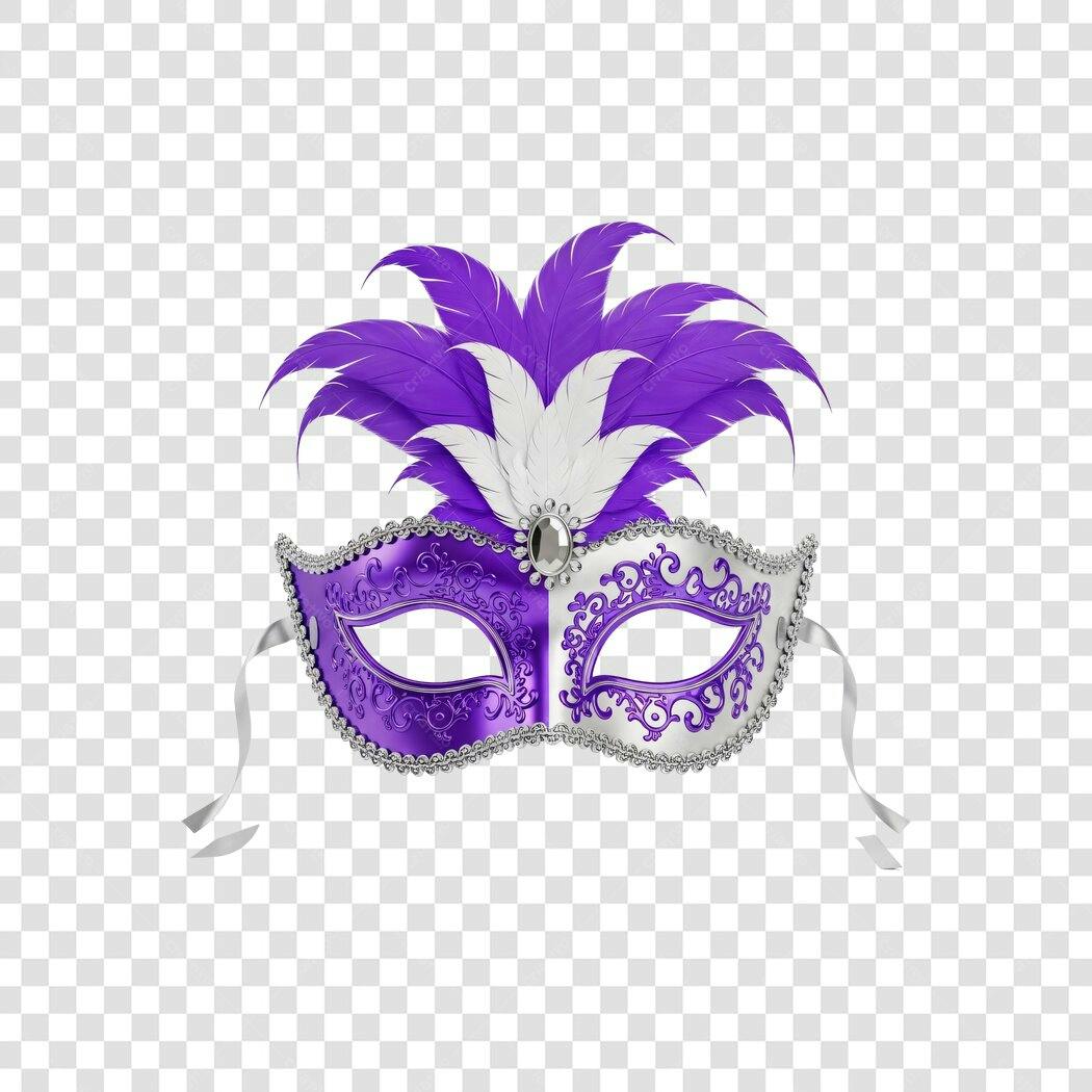 Máscara Carnaval Roxo Prata Penas PNG Fundo Transparente