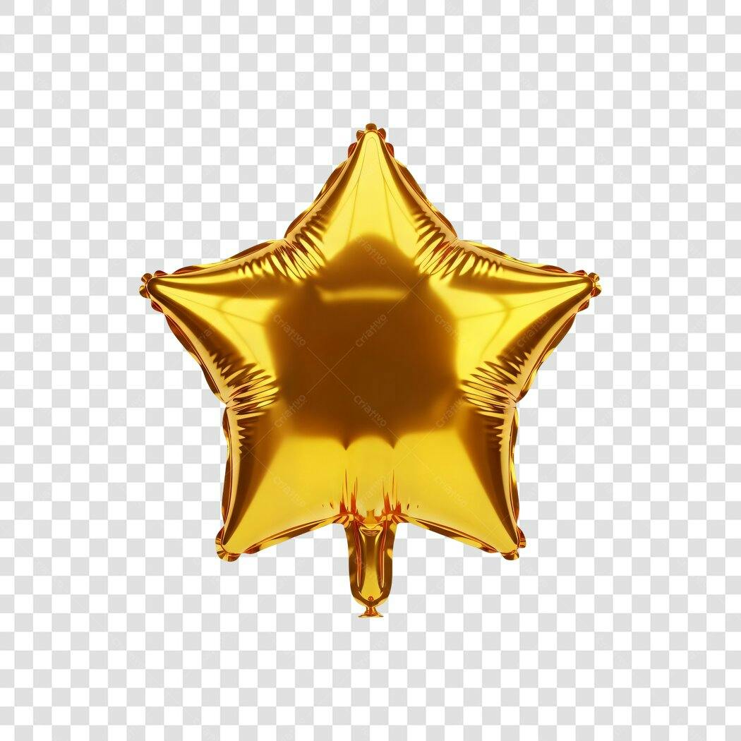 Elemento 3D Balão Estrela Dourada Metalizado PNG Fundo Transparente