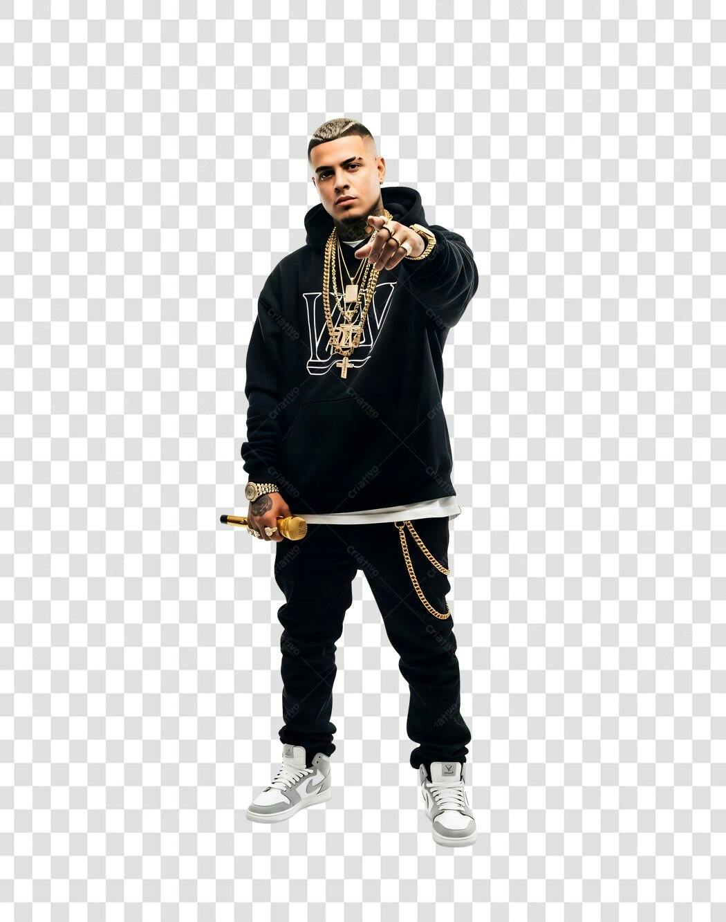 Foto Recortada Rapper Homem Microfone Dourado PNG Fundo Transparente