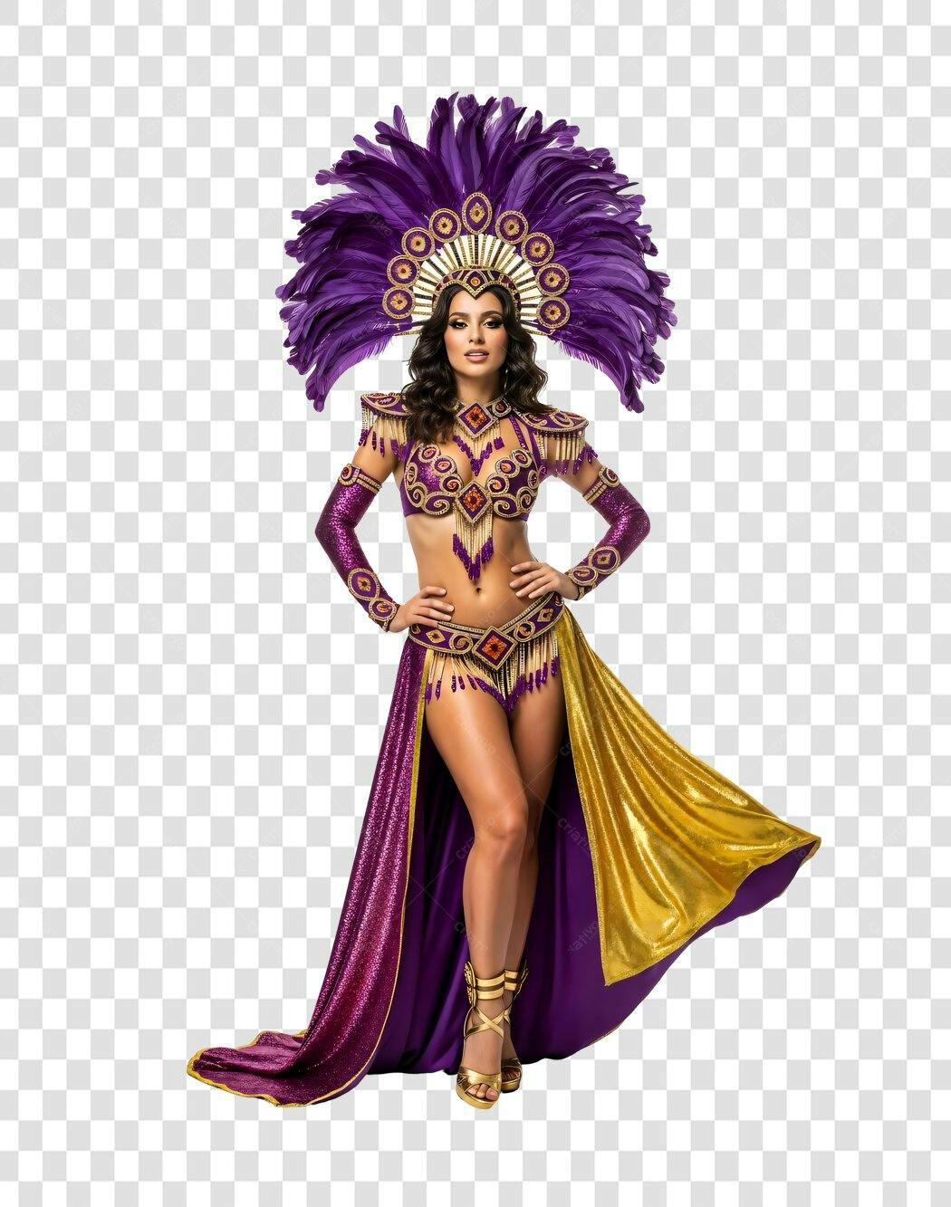 Foto Recortada Mulher Fantasia Carnaval Roxa Dourada PNG Fundo Transparente