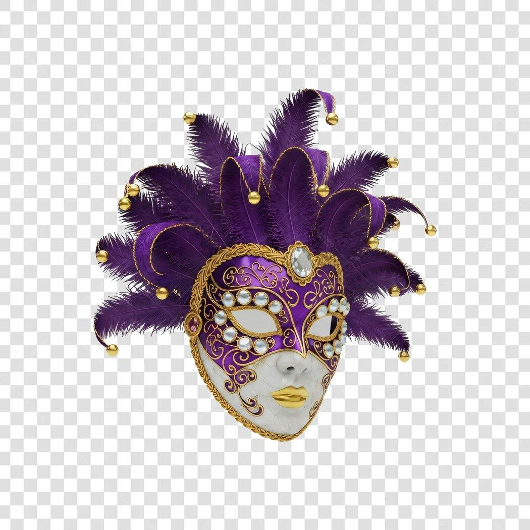 Elemento 3D Máscara Carnaval Roxo Dourado PNG Fundo Transparente