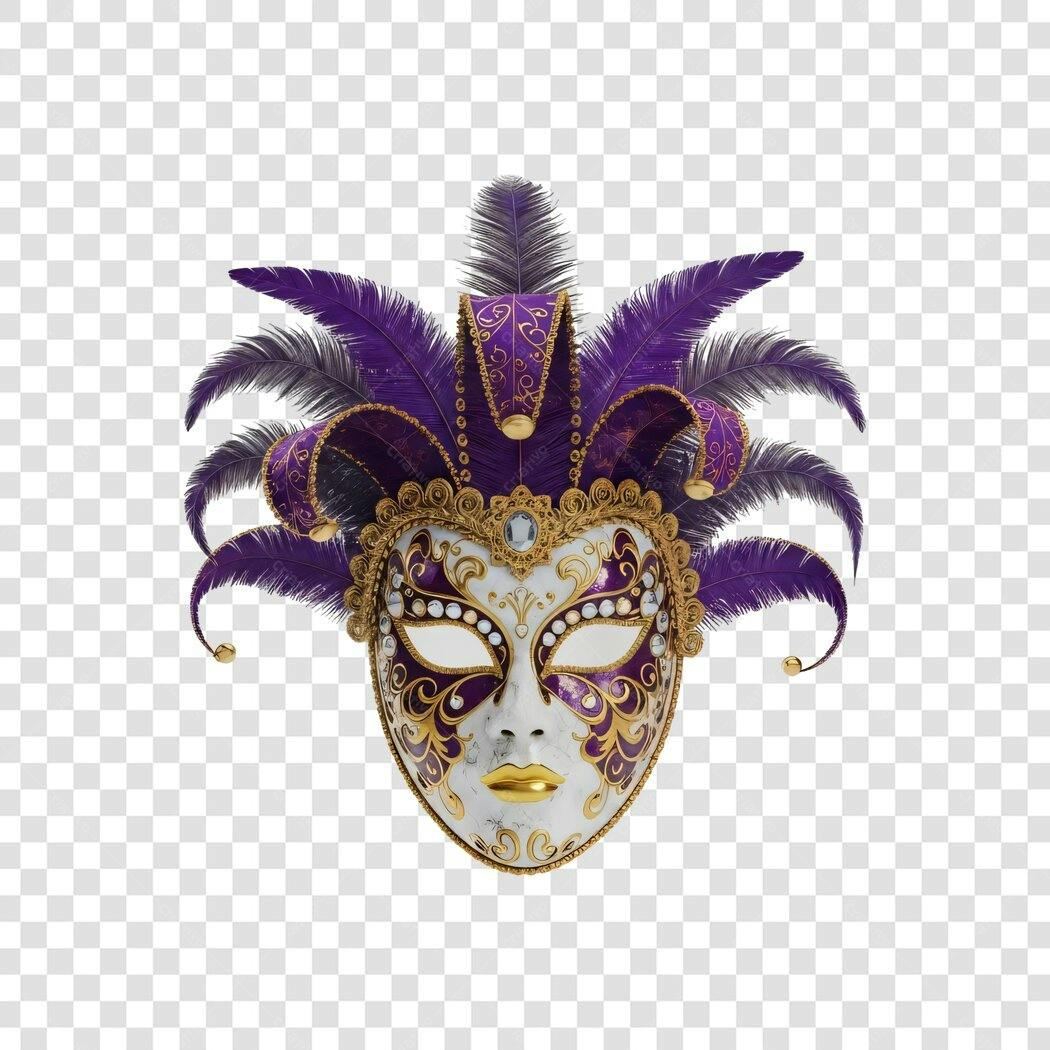 Elemento 3D Máscara Carnaval Roxo Dourado PNG Fundo Transparente