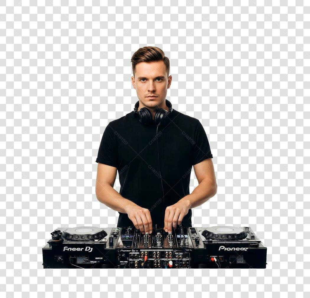 Foto Recortada DJ Homem Tocando Mesa de Som PNG Fundo Transparente