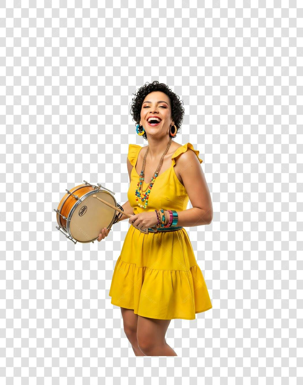 Foto Recortada Mulher Sorrindo Pandeiro Carnaval PNG Fundo Transparente